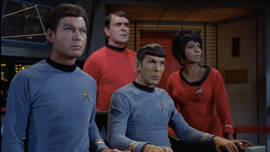 Bones, Scotty, Spock, and Uhura in Star Trek: The Original Series