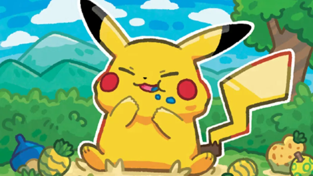 Closeup of Pokemon card art with Pikachu stuffing its mouth with berries