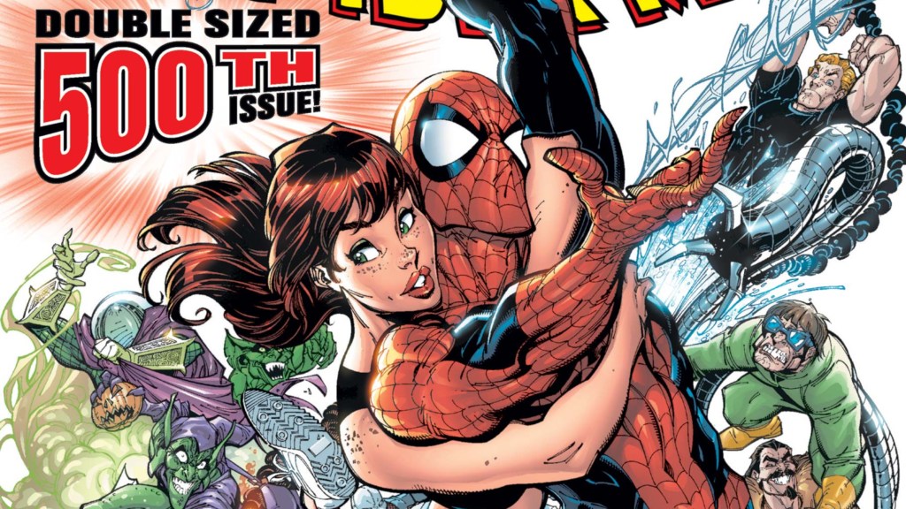 Spidey and MJ swing in front of villains