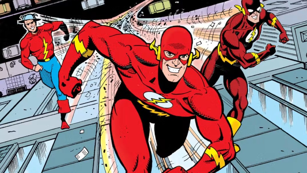 Jay, Wally, Eobard run up building Flash
