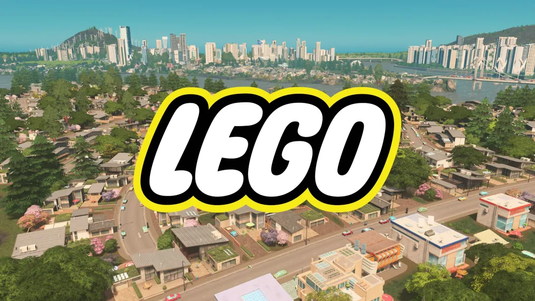 LEGO logo over Cities Skylines Background