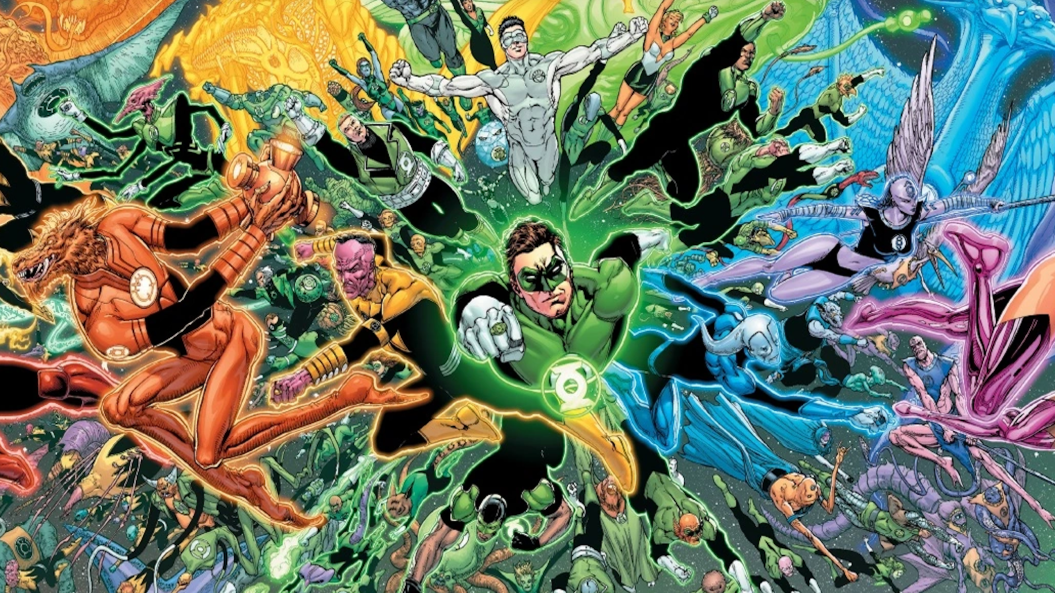 A detailed collage of Marvel characters reflecting DC's Lantern Corps emotions.