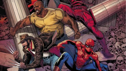Wolverine, Luke Cage, and Spider-Man in front of wreckage and skulls