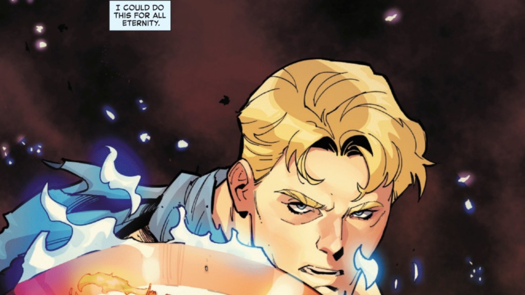 Captain America holding a magic shield looking at Red Skull's army