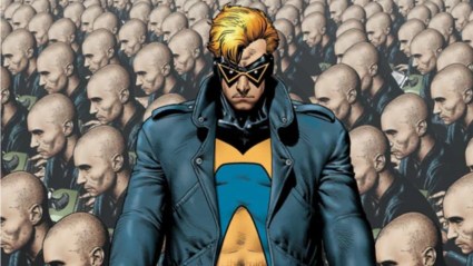 Animal Man standing in front of a bunch of Grant Morrisons