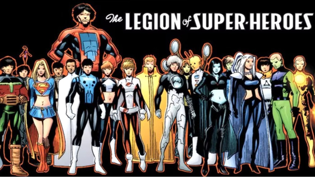 The Threeboot Legion of Superheroes standing with each other