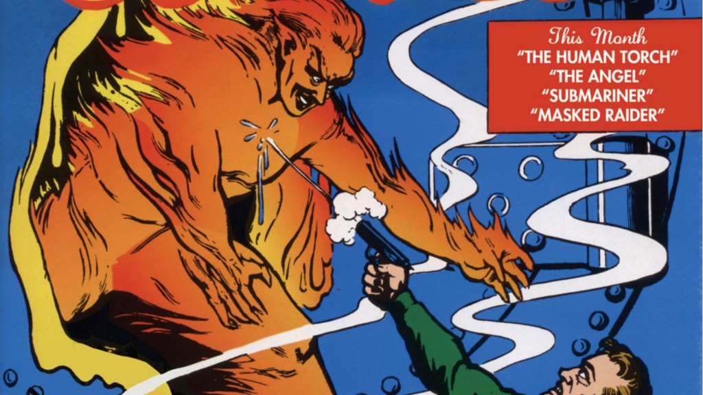 The Human Torch melting through a wall and being shot by a thug