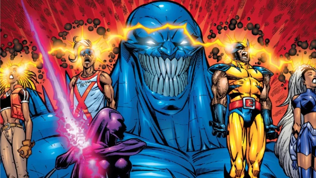 The Shadow King holding the X-Men in thrall with Ebon Dawn Pyslocke holding her psi-sword at ready