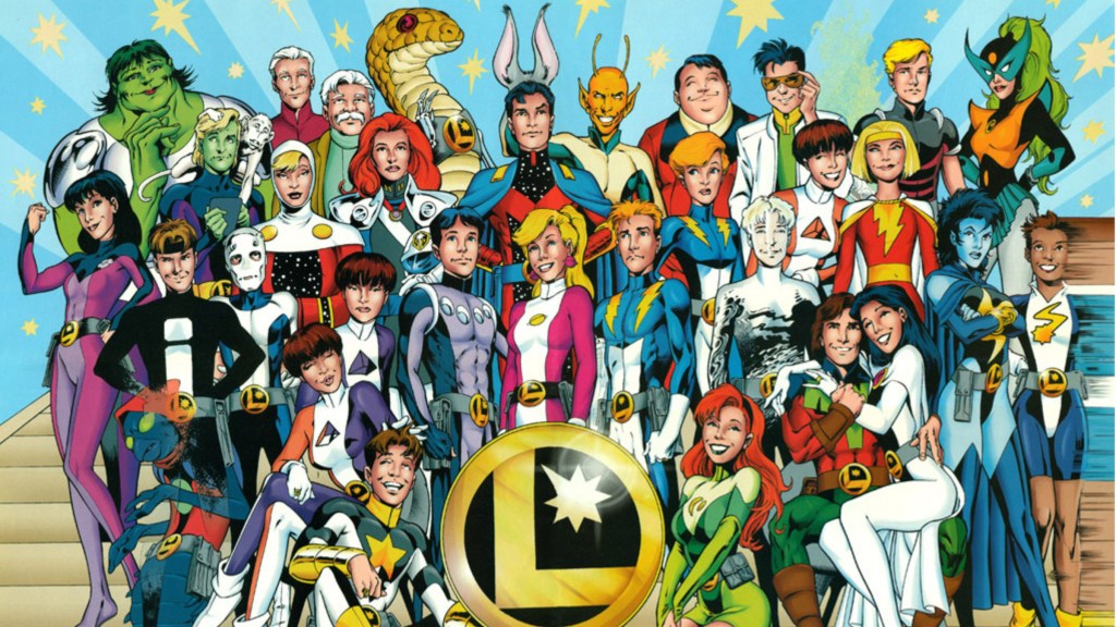 The reboot Legion standing near a Legion symbol