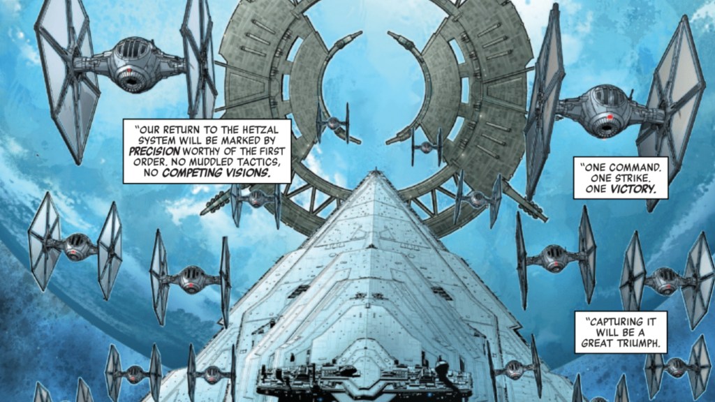 A Star Destroyer and TIEs attacking a shield gate