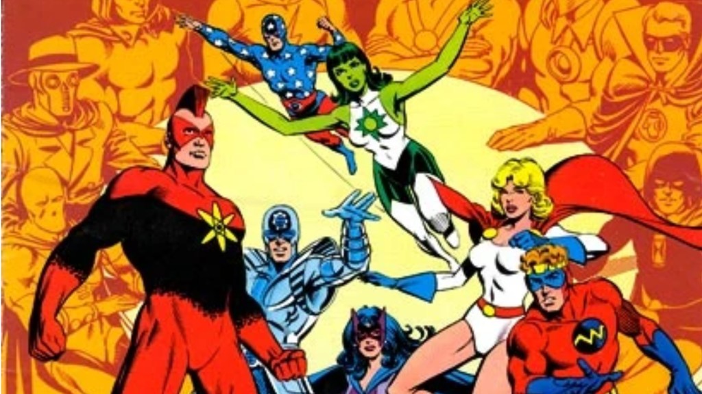 Skyman, Jade, Nuklon, Silver Scarab, Huntress, Power Girl, and Brain-Wave II bursting out of a picture of the Justice Society