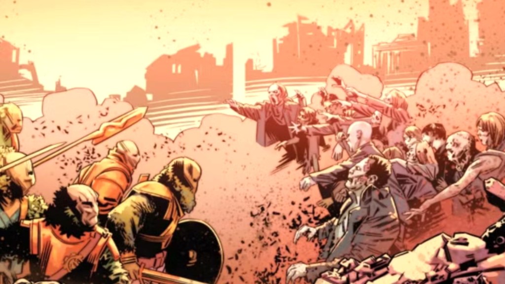 An army of zombies from Genosha clashing with the living
