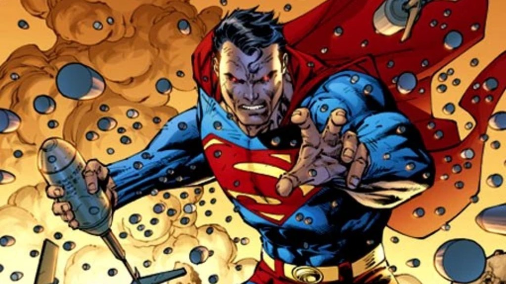 Superman under attack with his eyes glowing