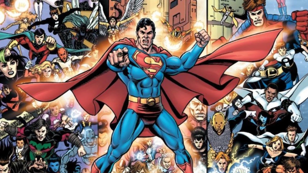 Superman leading three rosters of the Legion into battle