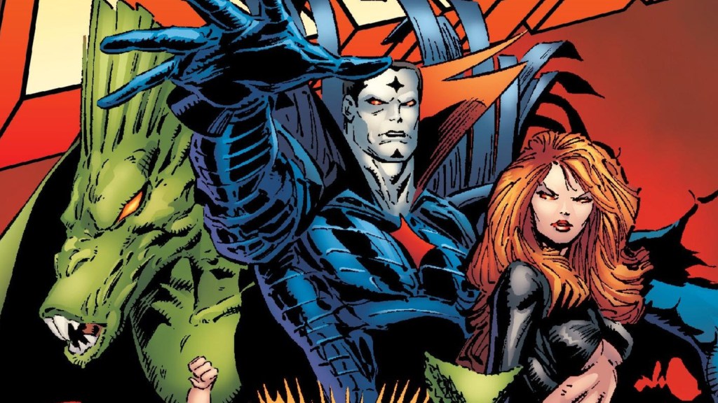 Mister Sinister standing with the demon N'Astirh and Madelyne Pryor