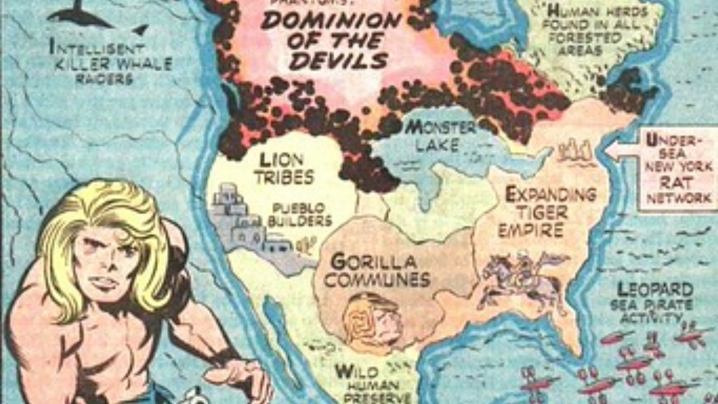 Kamandi standing next to a map of North America post-Great Disaster
