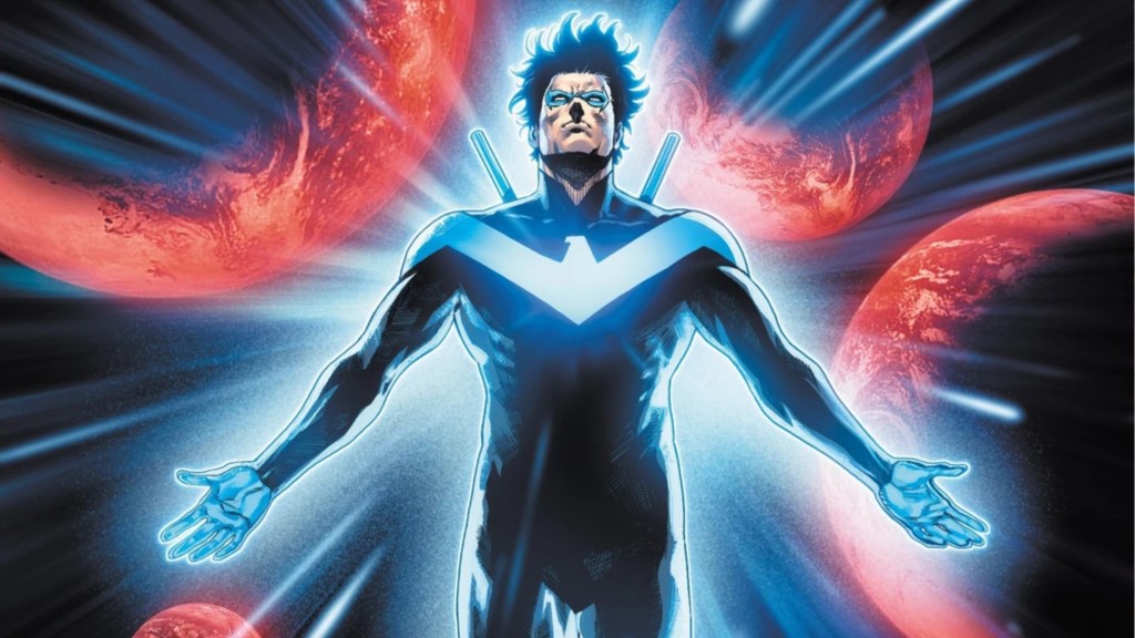 A glowing Nightwing in the midst of flying Earths