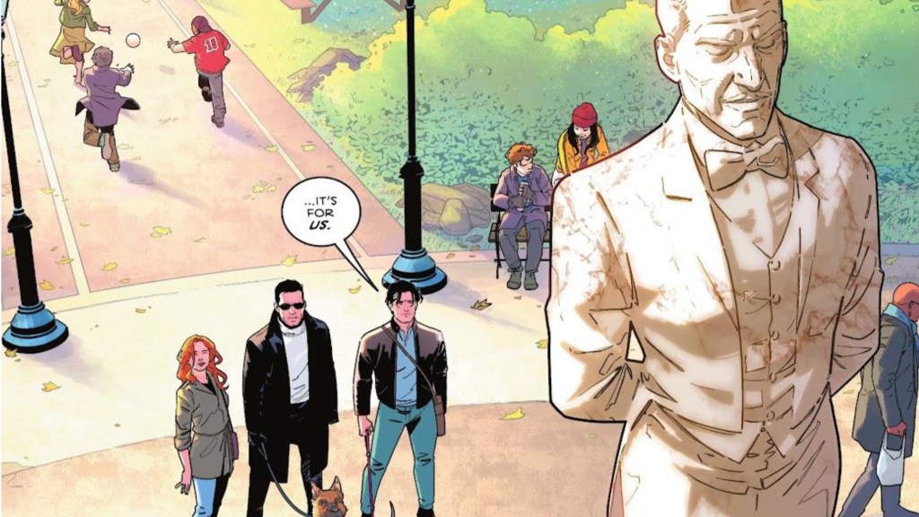 Batgirl, Nightwing, and Batman looking at a statue of Alfred Pennyworth