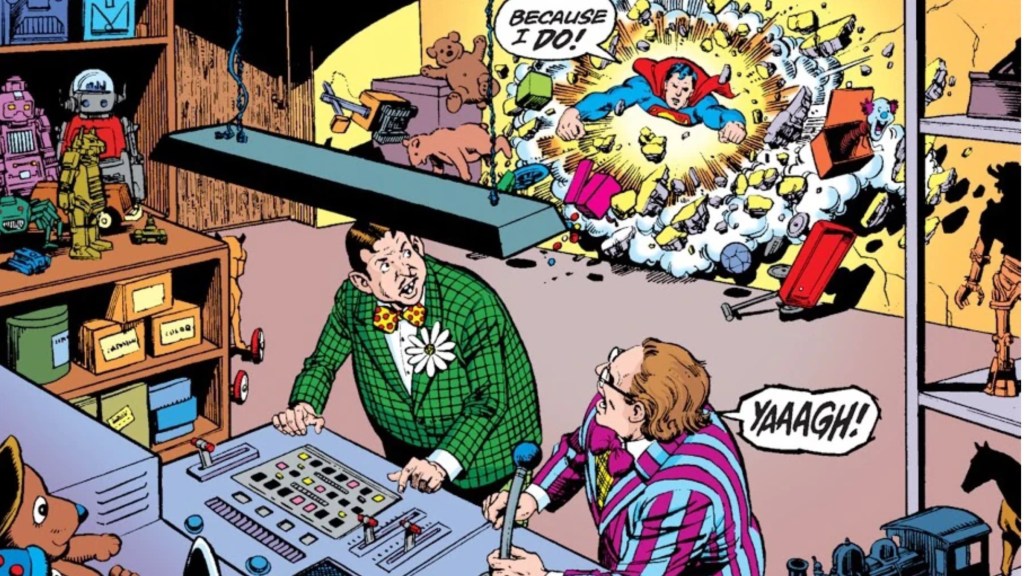 Superman busting in on Toyman and the Prankster