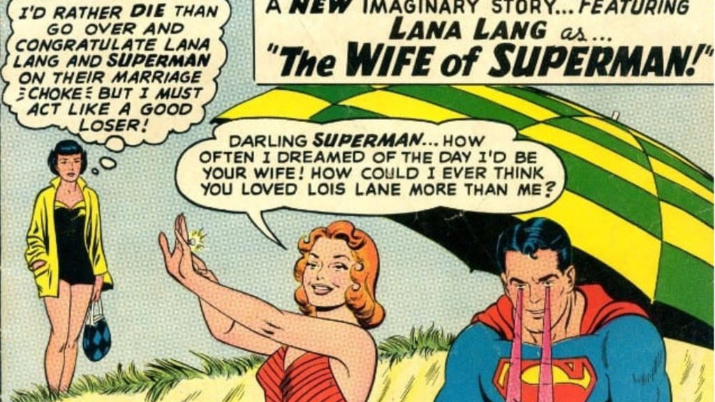 Lois Lane watching Lana and Superman on the beach