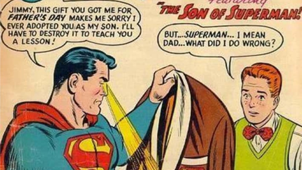 Superman burning through a coat Jimmy Olsen gave him