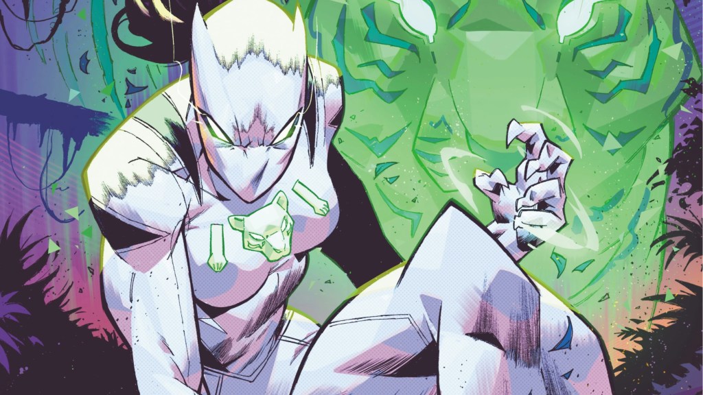 White Tiger crouched and ready for battle, with the spirit of the tiger behind her