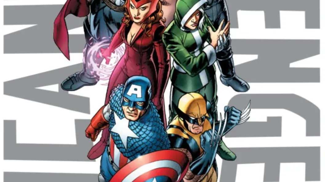 Cap, Wolverine, Scarlet Witch, adn Rogue all standing back to back