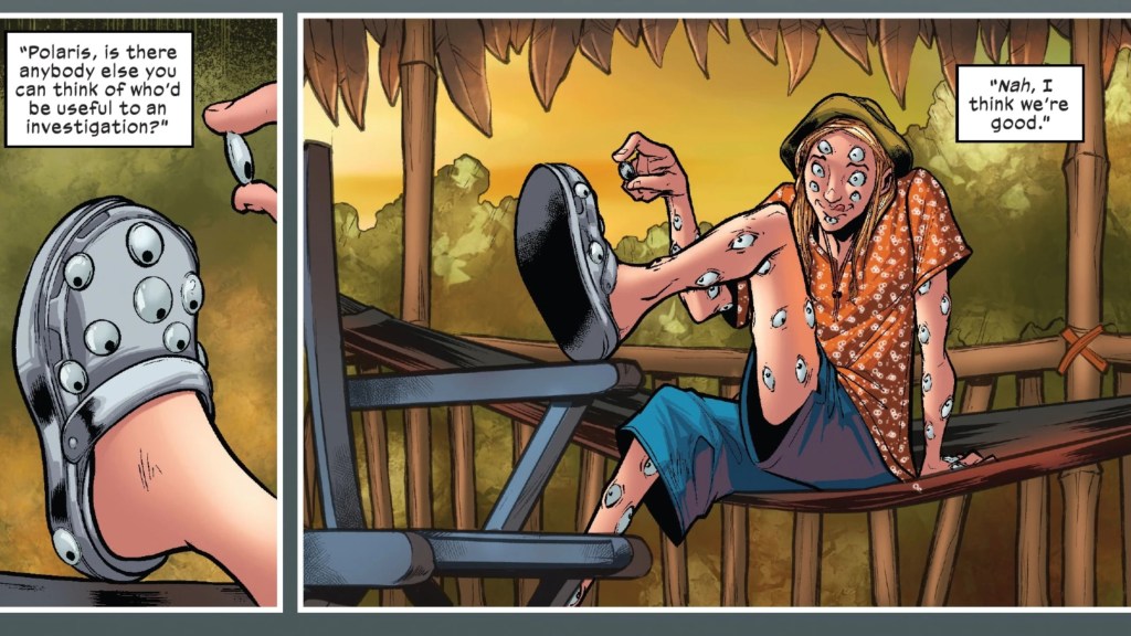 Eyeboy putting googly eyes on his Crocs