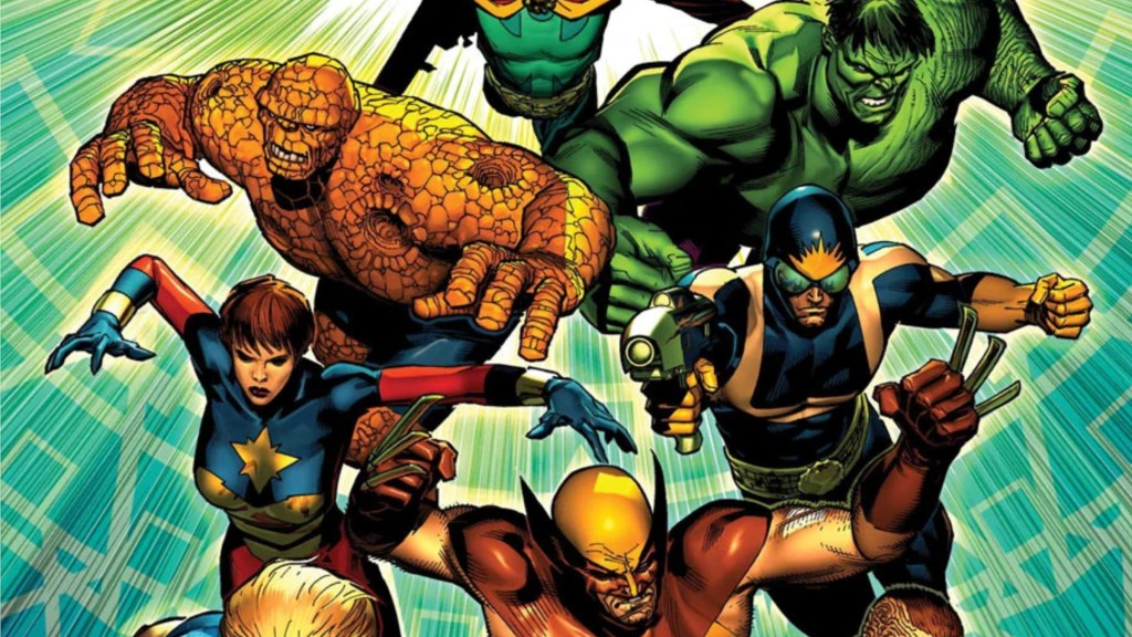 Wolverine, Captain Marvel, Star-Lord, Hulk, and thing as alternate reality Defenders