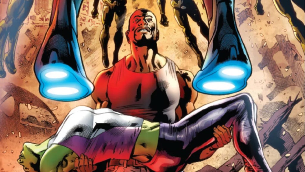 Luke Cage holding a downed She-Hulk surrounded by Ultron