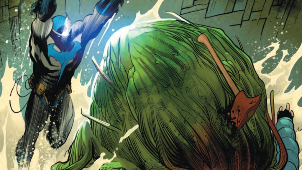 Batman attacking a plant monster from behind