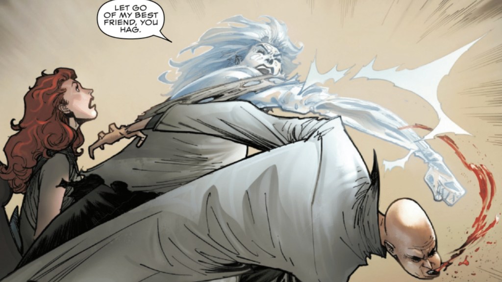 A diamond Emma Frost punching Cassandra Nova to defend Jean Grey