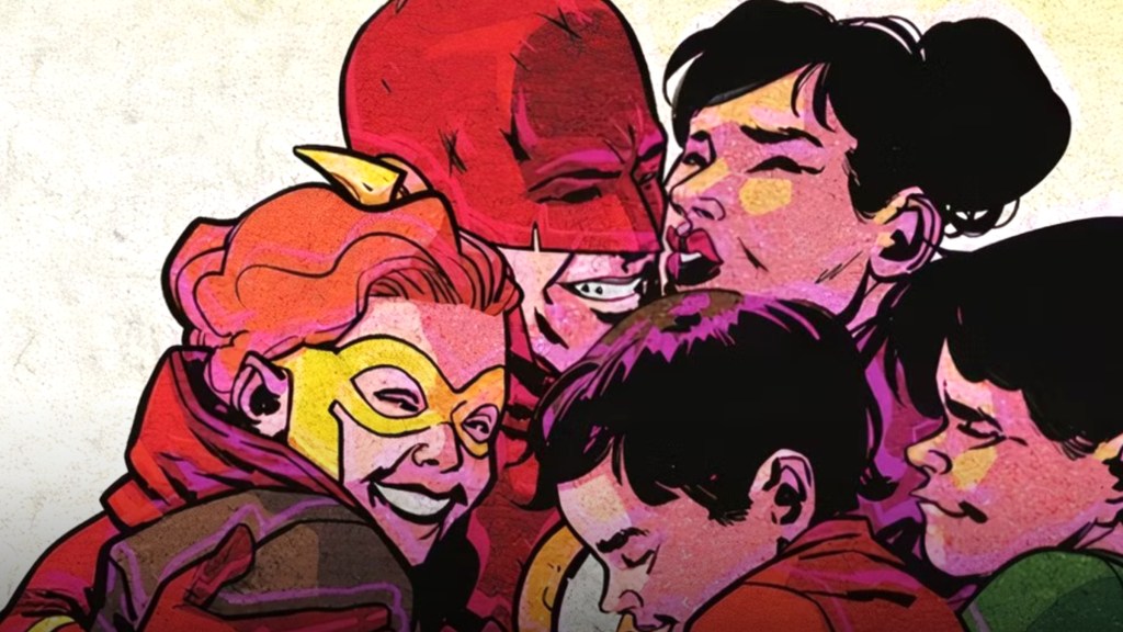 Wally West embracing his wife and kids