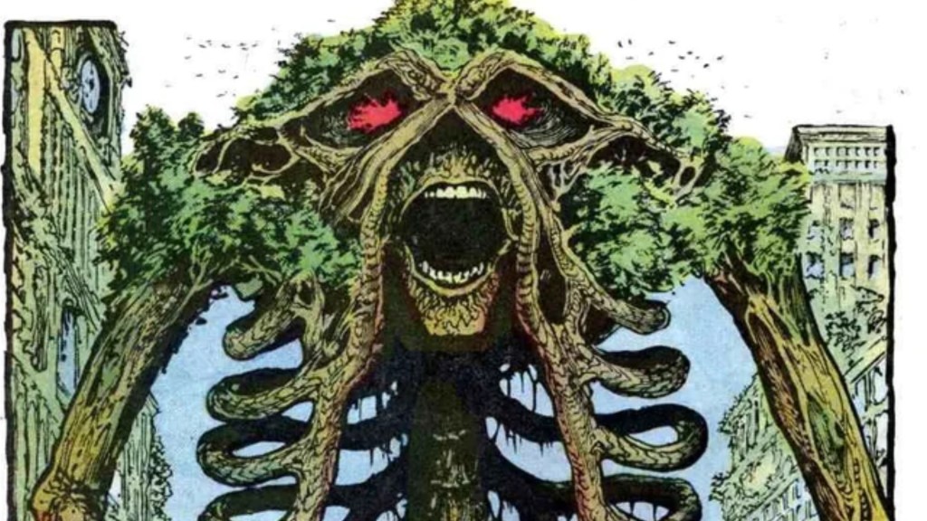 Swamp Thing as a massive kaiju attacking Gotham City