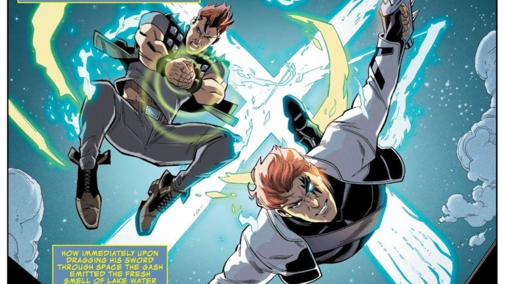 Rictor and Shatterstar falling through the air ready for battle