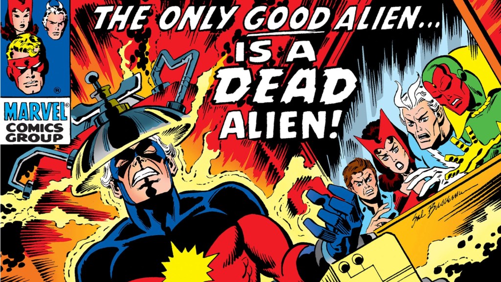 Rick Jones, Scarlet Witch, Quicksilver, and Vision watching Captain Marvel in an electric chair