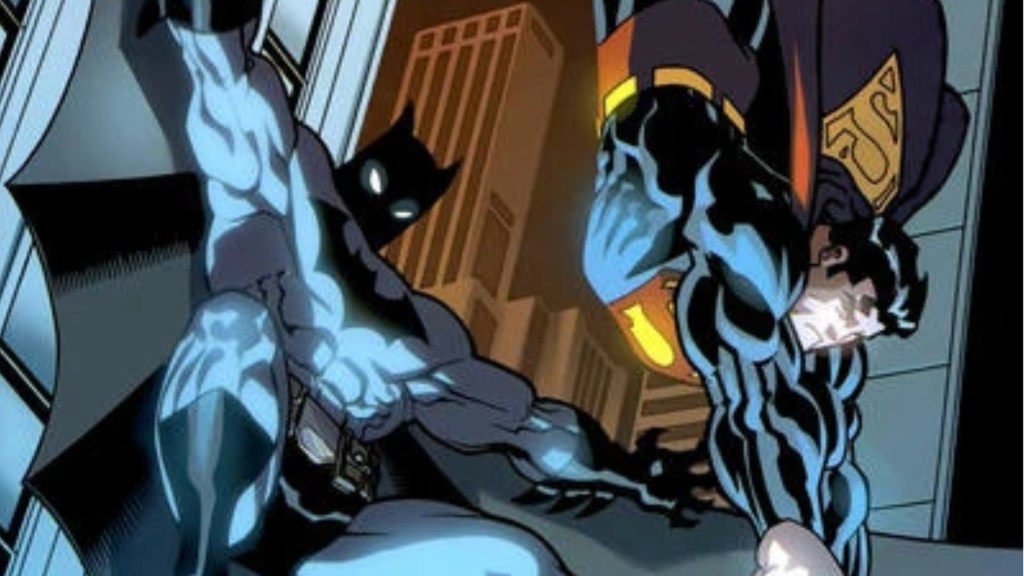 Superman and Batman flaying and falling through the air together