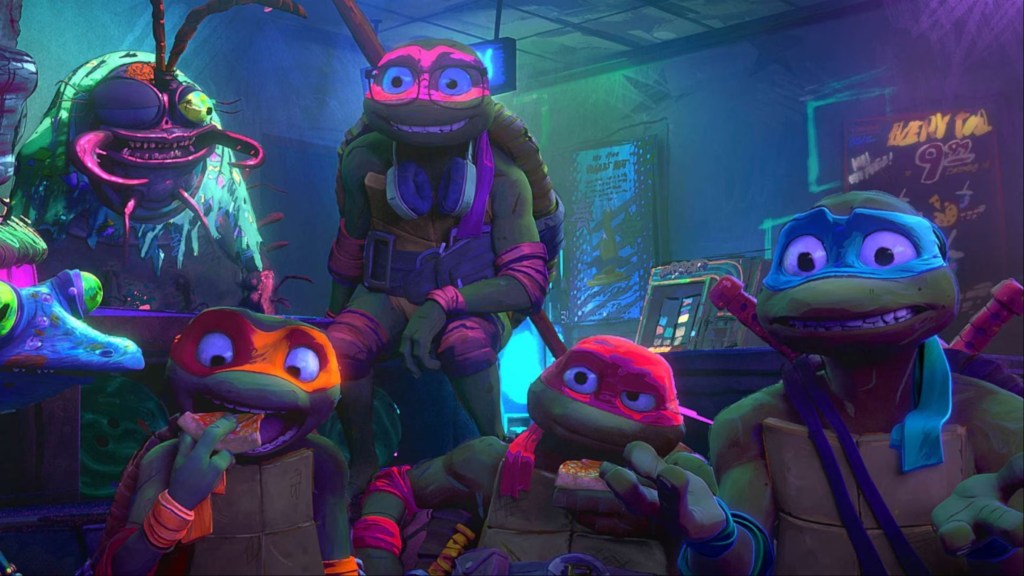 Ninja Turtles sitting together in Mutant Mayhem