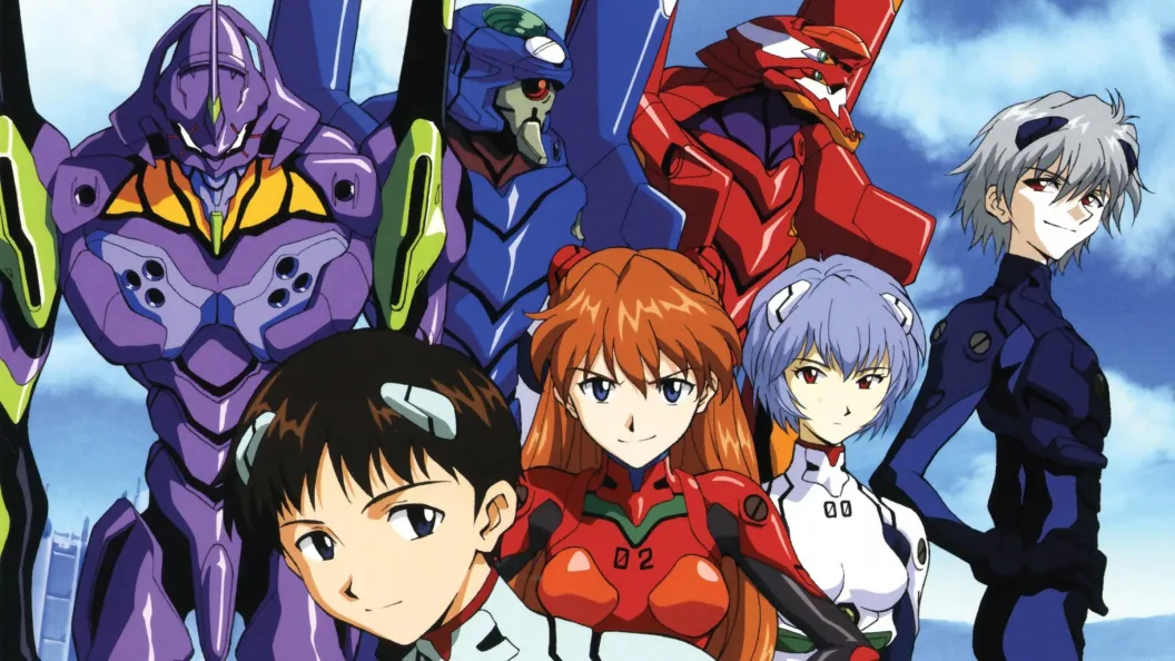 Neon Genesis Evangelion promotional poster featuring mechs and characters