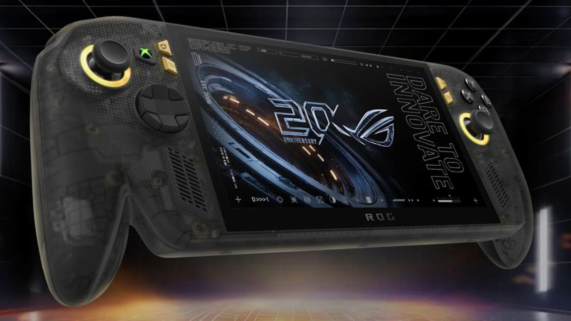 ASUS ROG Xbox Ally X20 handheld device with translucent black body and gold buttons
