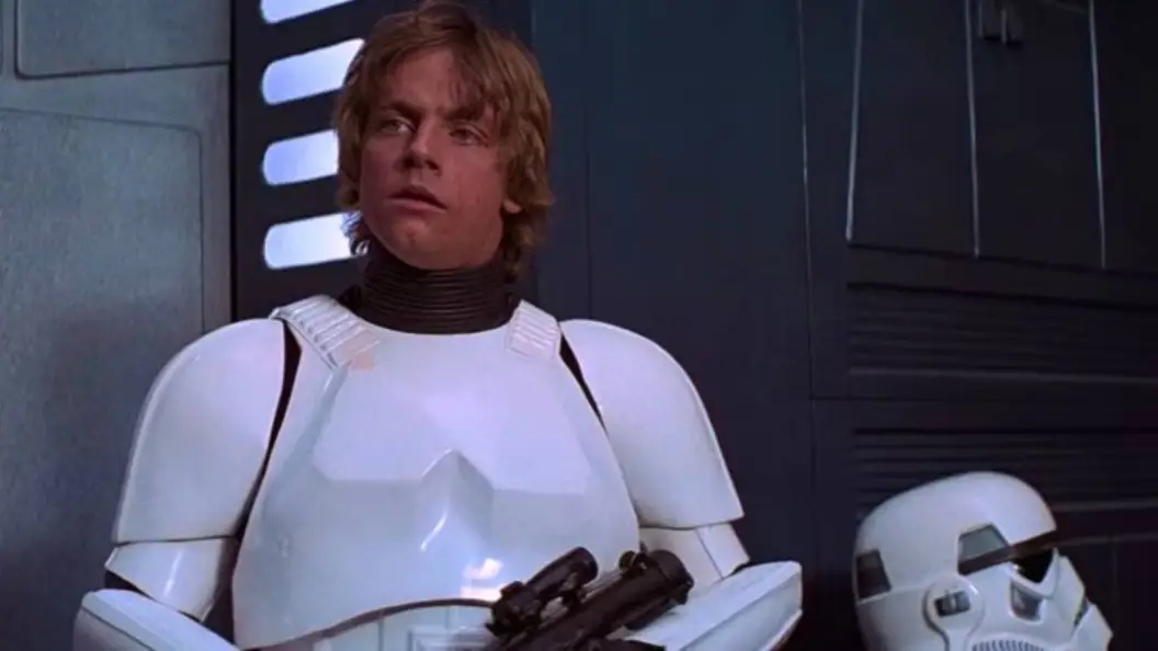 Luke Skywalker in Stormtrooper armor in Star Wars: A New Hope.