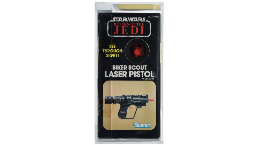 A side shot of the package of a 1984 Kenner Star Wars Return of the Jedi Biker Scout Laser Pistol Boxed Toy Gun .