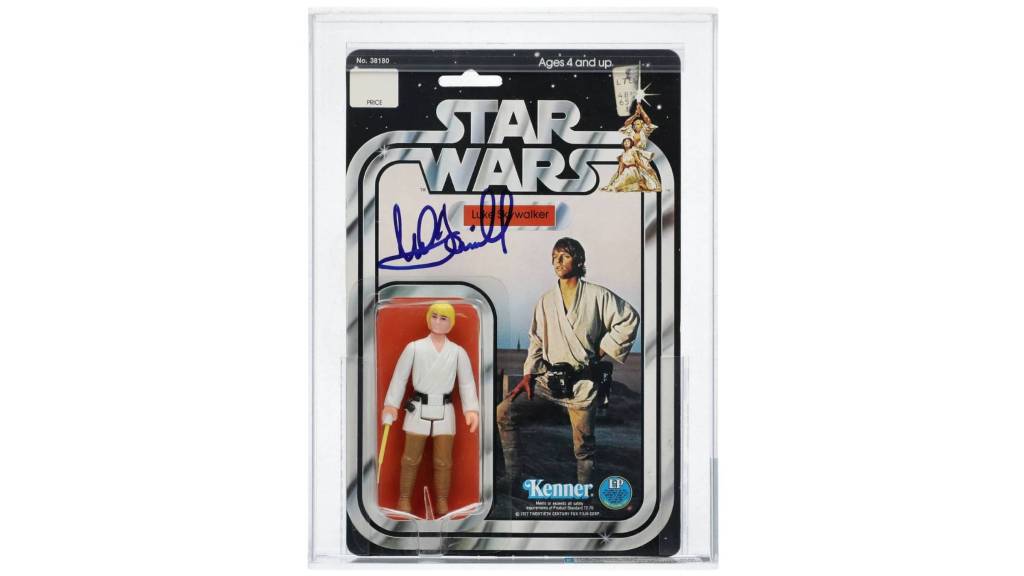 Packaging of the 1978 Kenner Star Wars Luke Skywalker action figure, signed by actor Mark Hamill.