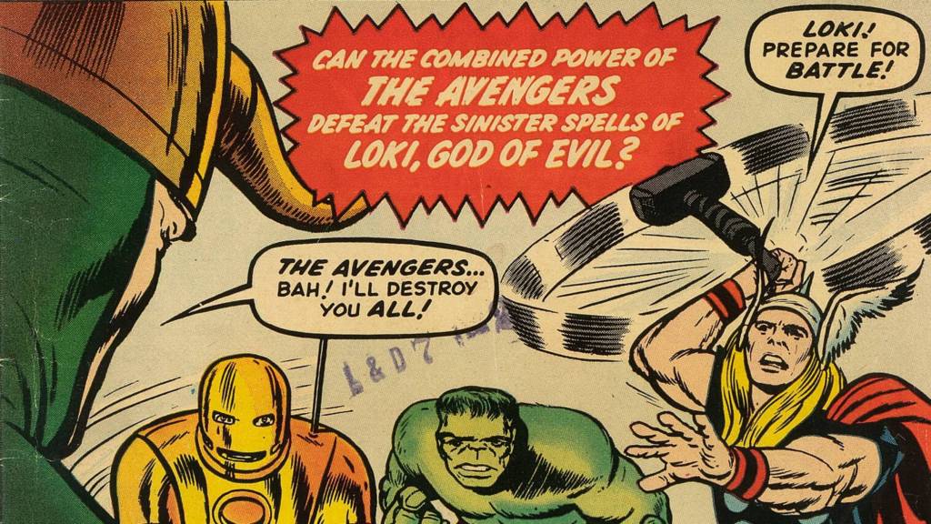 Cover art of The Avengers #1 comic featuring Loki facing off against Iron Man, Hulk, and Thor.