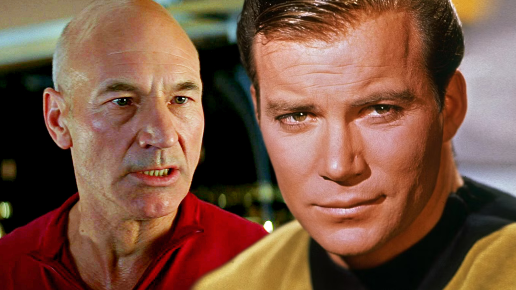 Split image of Jean-Luc Picard and James T. Kirk in the Star Trek franchise