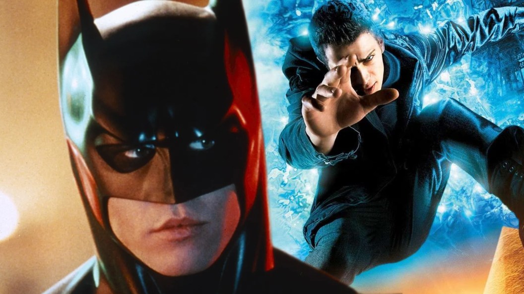 Split image of Val Kilmer as Batman in Batman Forever and the poster for Jumper (2008)