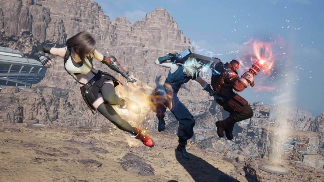 Final Fantasy 7 Revelation Tifa, Barret, and Cloud doing synergy attack