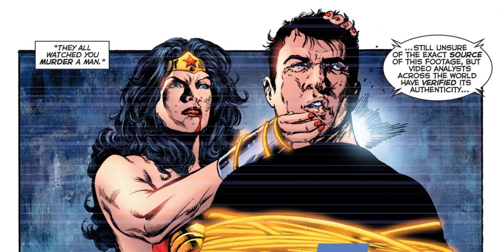 comic panel from Infinite Crisis issue 1 showing Diana snapping Maxwell Lord's neck