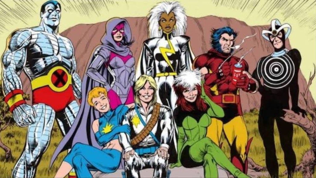 Colossus, Dazzler, Psylocke, Longshot, Storm, Rogue, Wolverine, and Havok standing in front of Ayer's Rock