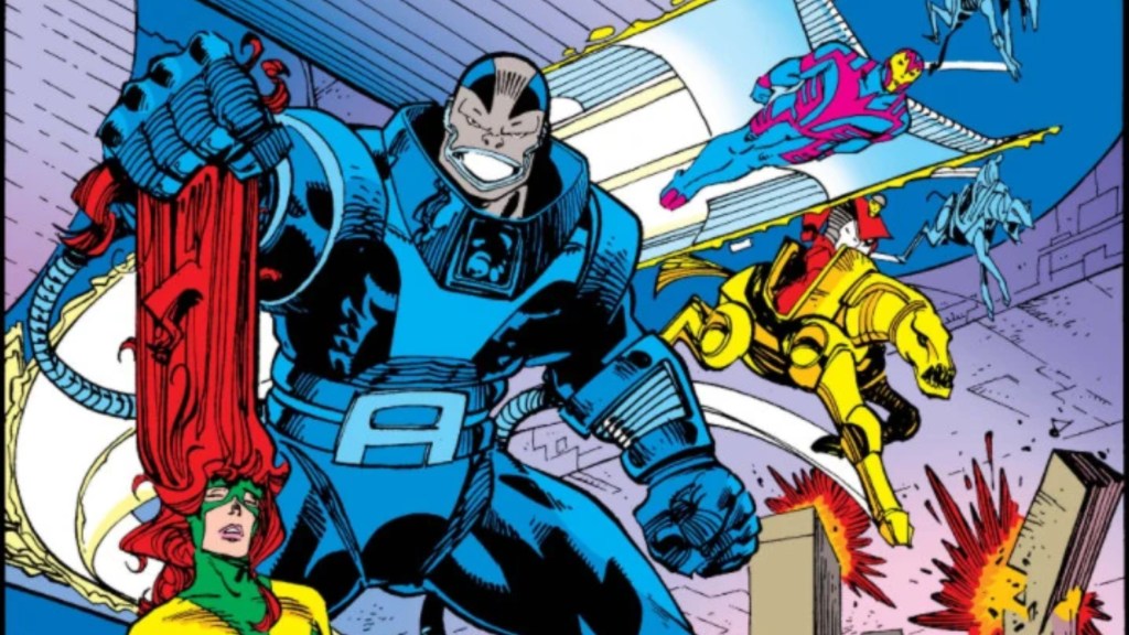 Apocalypse holding a vanquished Jean Grey by the hair while Archangel leads the Horsemen of Apocalypse behind him